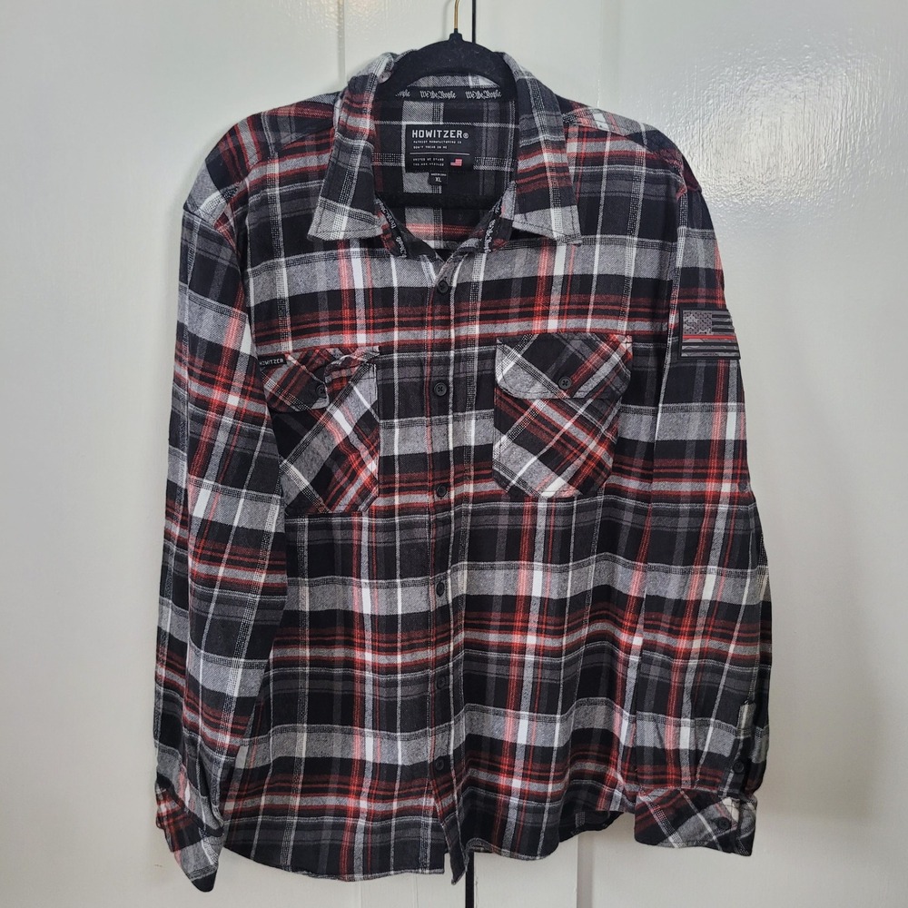 Howitzer XL Plaid Button Down Shirt Mens Red Black White Patriotic‎ Sleeve Patch